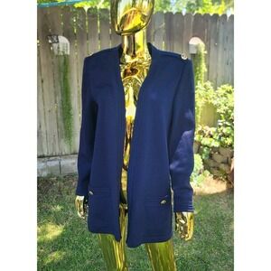 St John Santana Knit Jacket  Navy Open Front Cardigan Epaulettes Medium